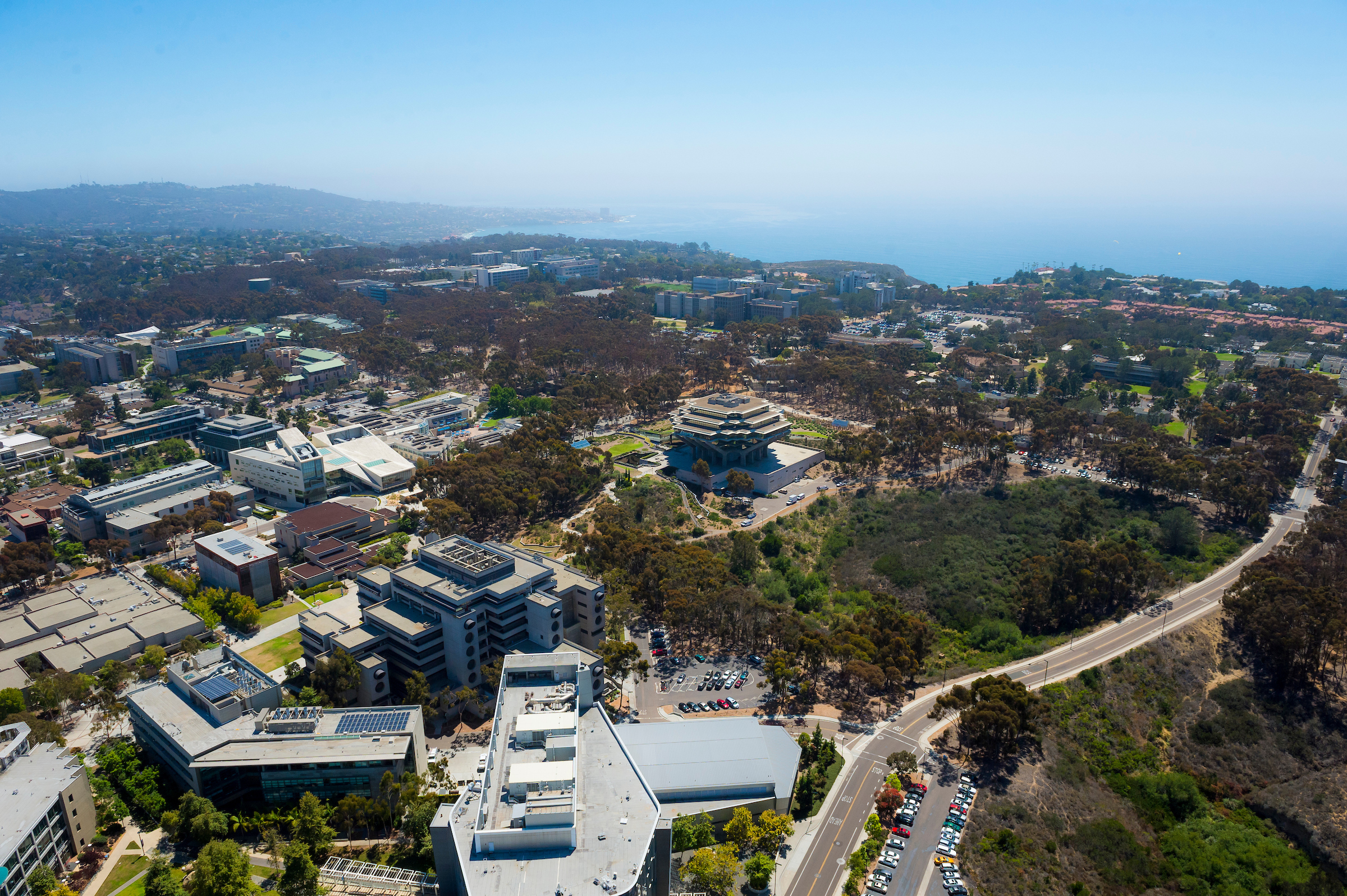 arial view to the west campus with Geisel library at the center